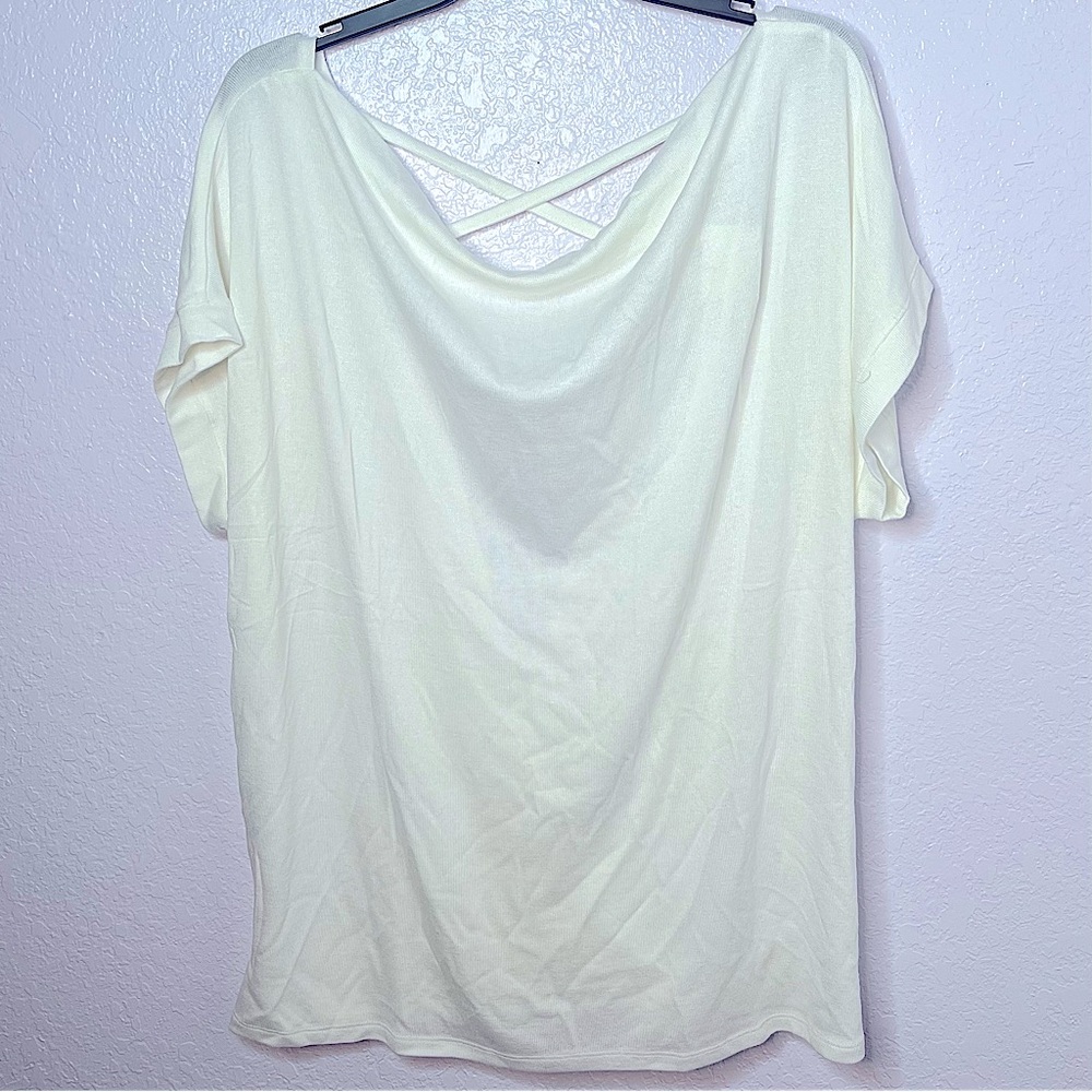 H Halston Studio Chalk White Reversible Drape Crisscross Knit Top Size XL NEW!